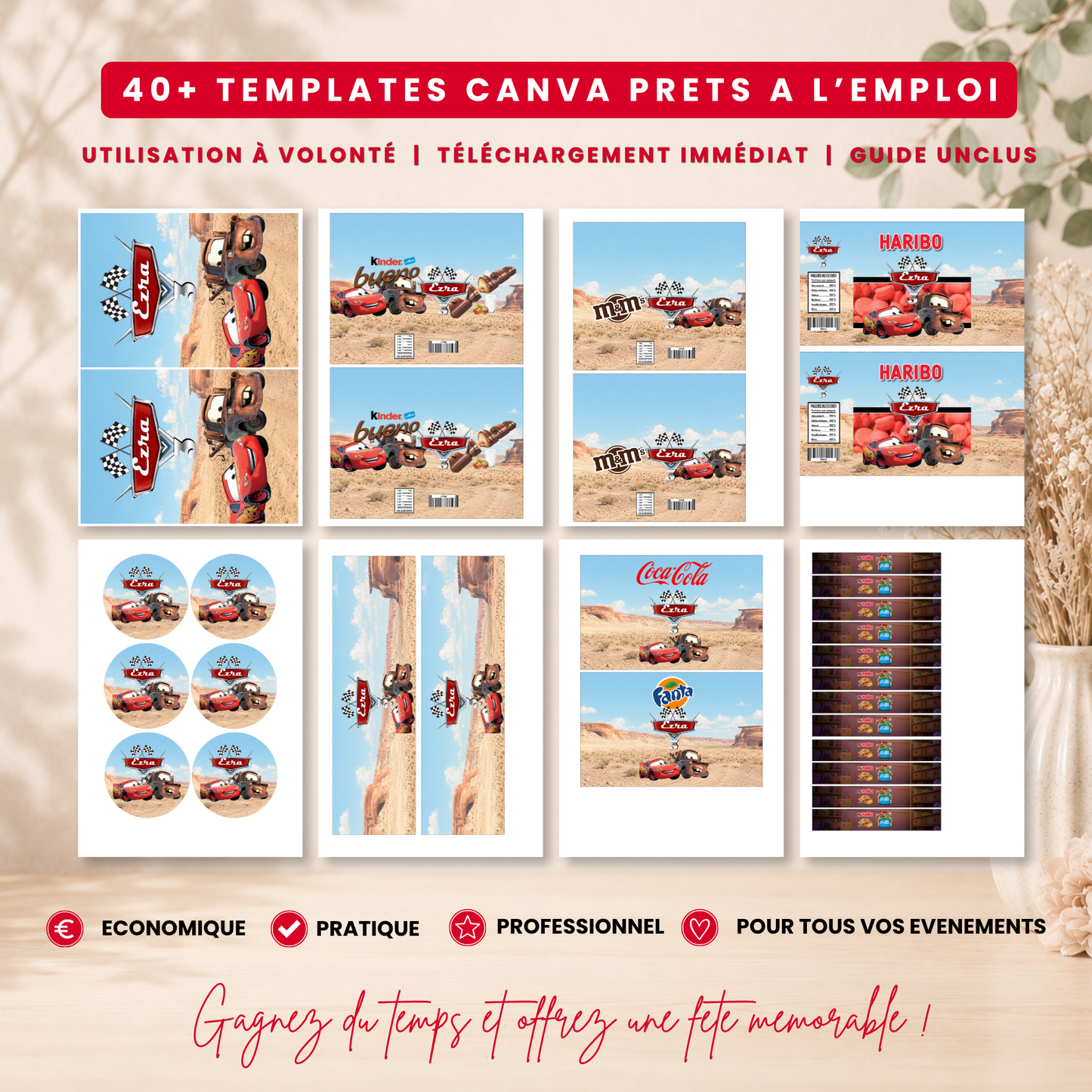 Pack Anniversaire Cars Disney - 40 Templates Canva Personnalisables