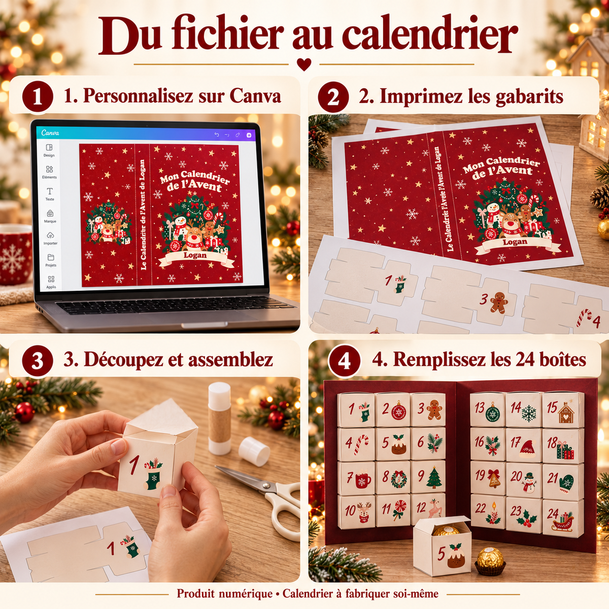 Étapes de fabrication : personnaliser sur Canva, imprimer, découper, assembler et remplir les 24 boîtes