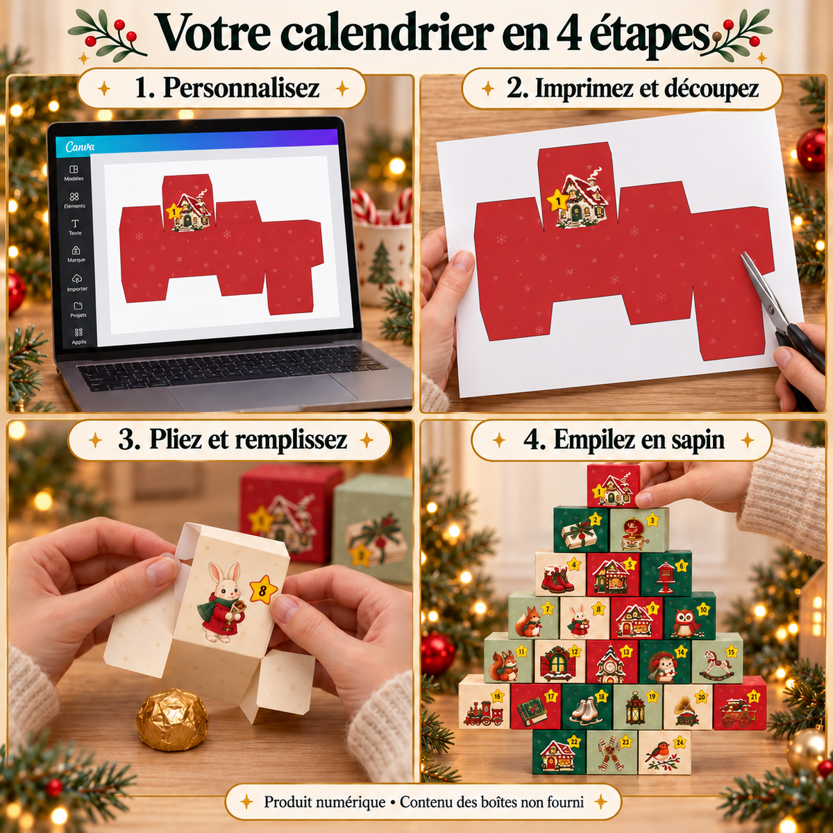Création du calendrier en quatre étapes : personnaliser, imprimer et découper, plier et remplir, puis empiler en sapin