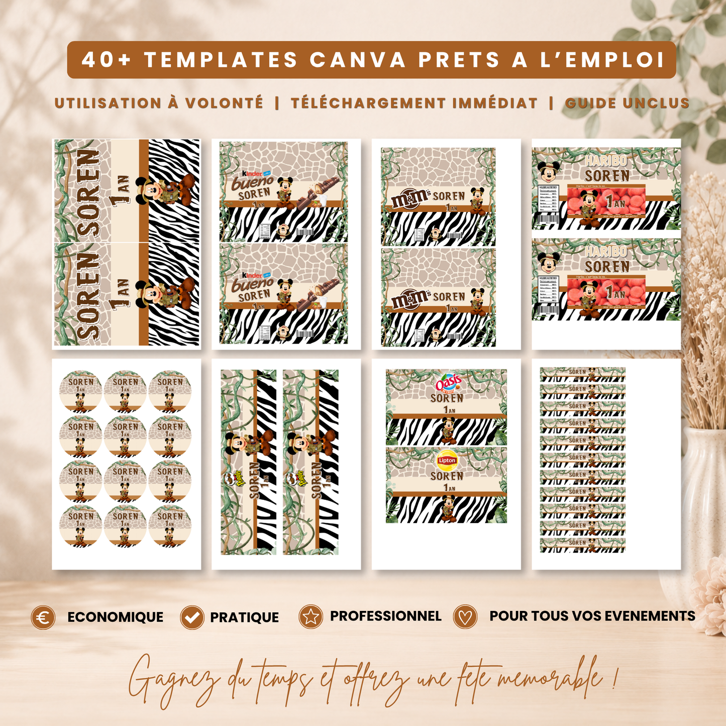 Pack Anniversaire Mickey Jungle Safari - 40 Templates Canva Personnalisables