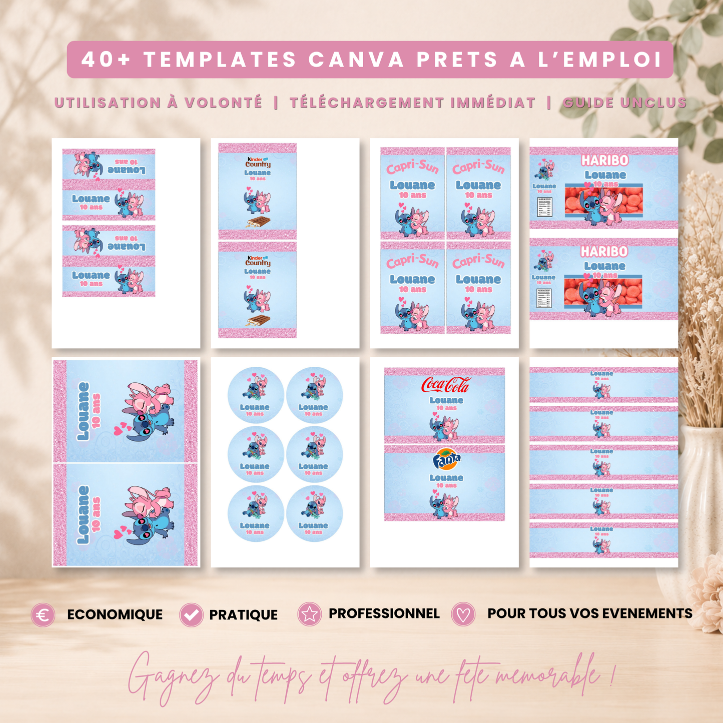 Pack Anniversaire Stitch & Angel – 40 Templates Canva Personnalisables