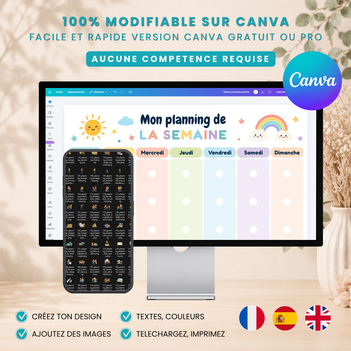 Planning semainier enfant à personnaliser sur Canva et à imprimer