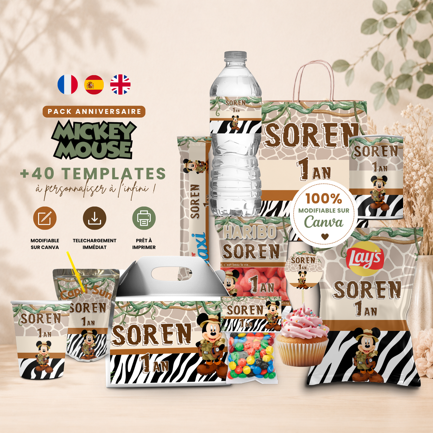 Pack Anniversaire Mickey Jungle Safari - 40 Templates Canva Personnalisables