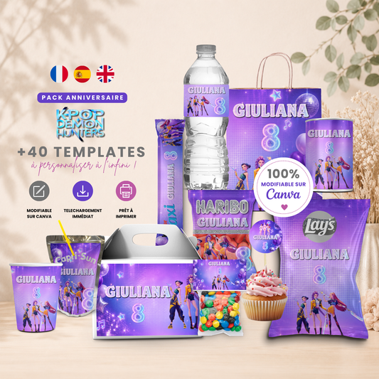 Pack Anniversaire Kpop Demon Hunters - 40 Templates Canva personnalisables