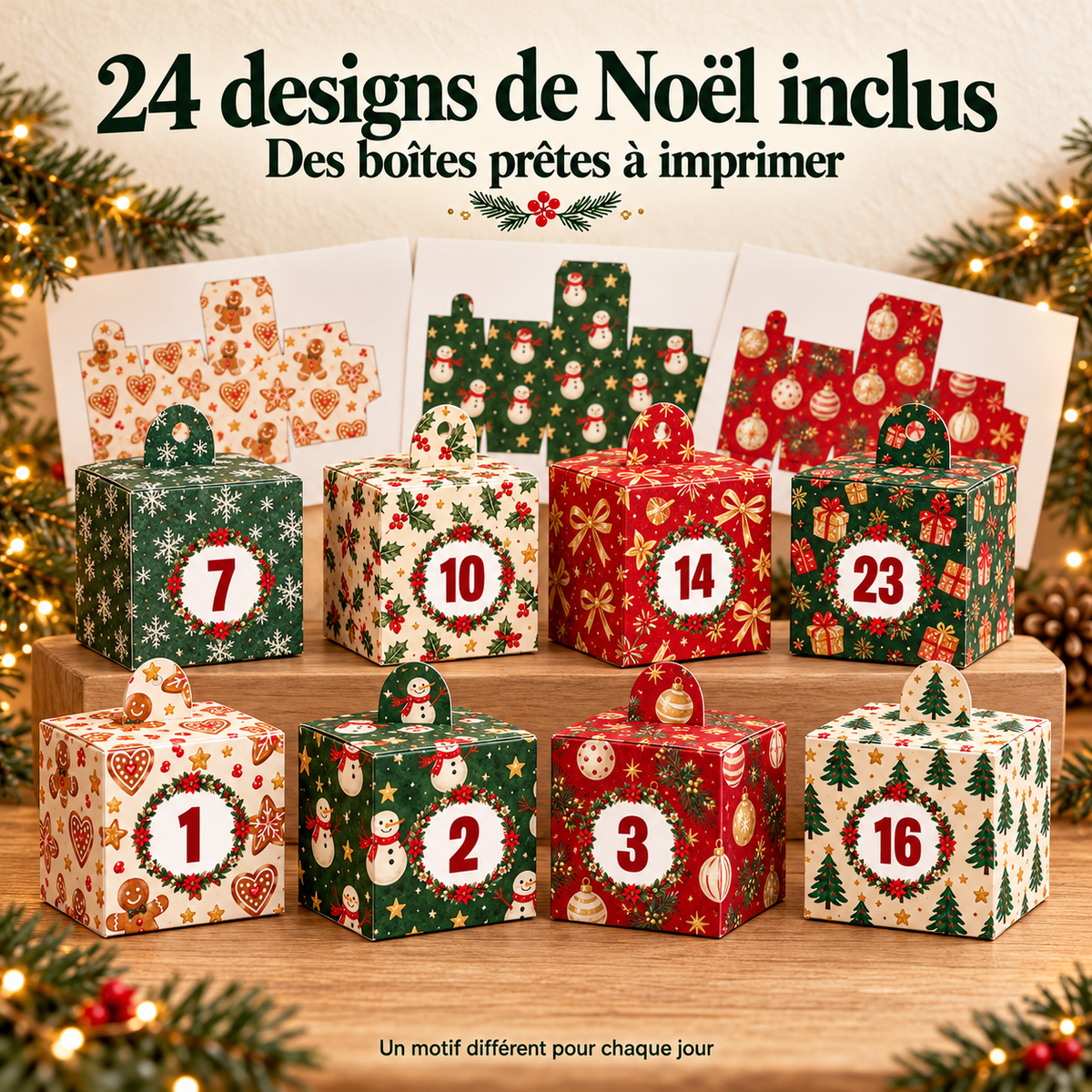 Boîtes de l’Avent numérotées décorées de motifs de Noël rouges, verts et crème.