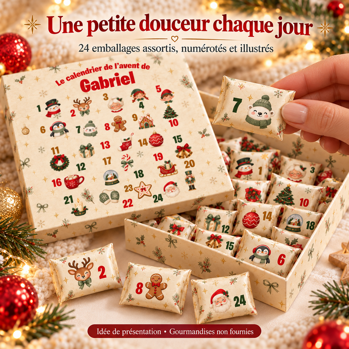 Emballages personnalisables et numérotés de 1 à 24 pour les gourmandises du calendrier de l’Avent