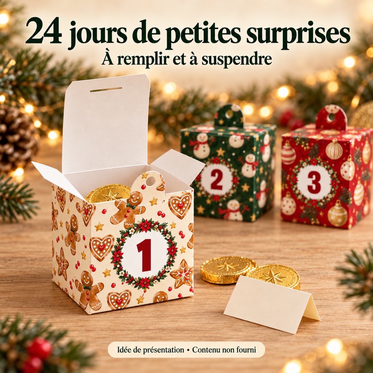 Boîte de l’Avent au motif pain d’épices ouverte, avec exemples de petites surprises non fournies.