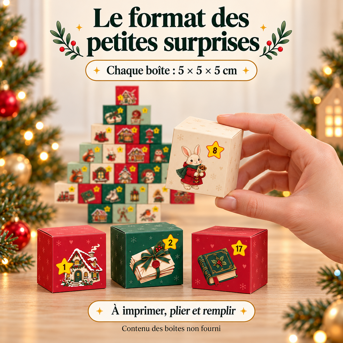 Boîte cube de 5 × 5 × 5 cm pour le calendrier de l’Avent à empiler en sapin