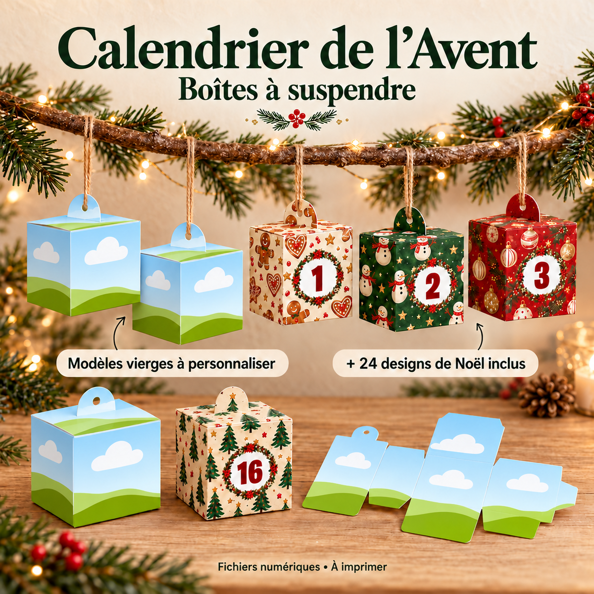 Calendrier de l’Avent avec boîtes à suspendre, gabarits Canva à personnaliser et 24 designs de Noël inclus.