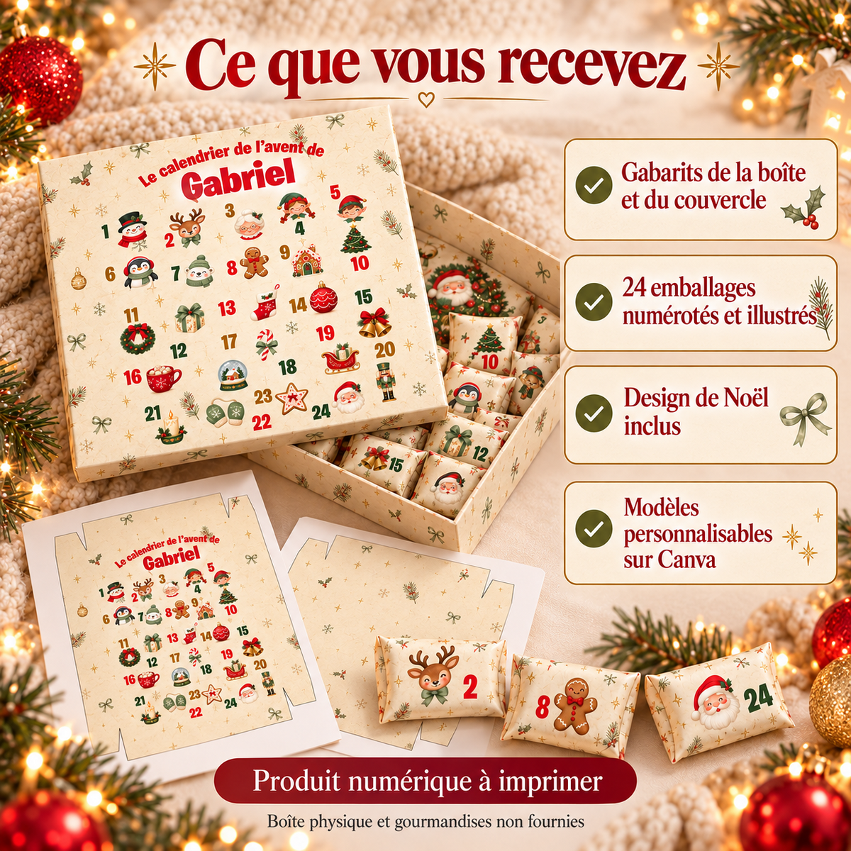 Présentation des modèles du coffret calendrier de l’Avent et des emballages de gourmandises inclus dans le pack numérique