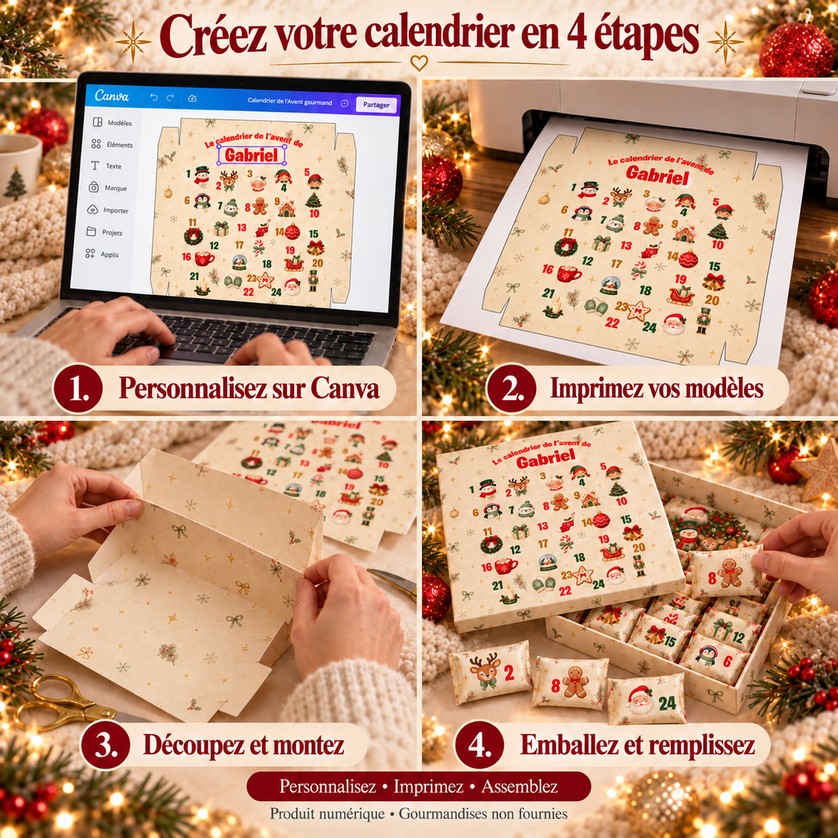 Étapes de création du calendrier gourmand : personnaliser, imprimer, découper, assembler et remplir le coffret