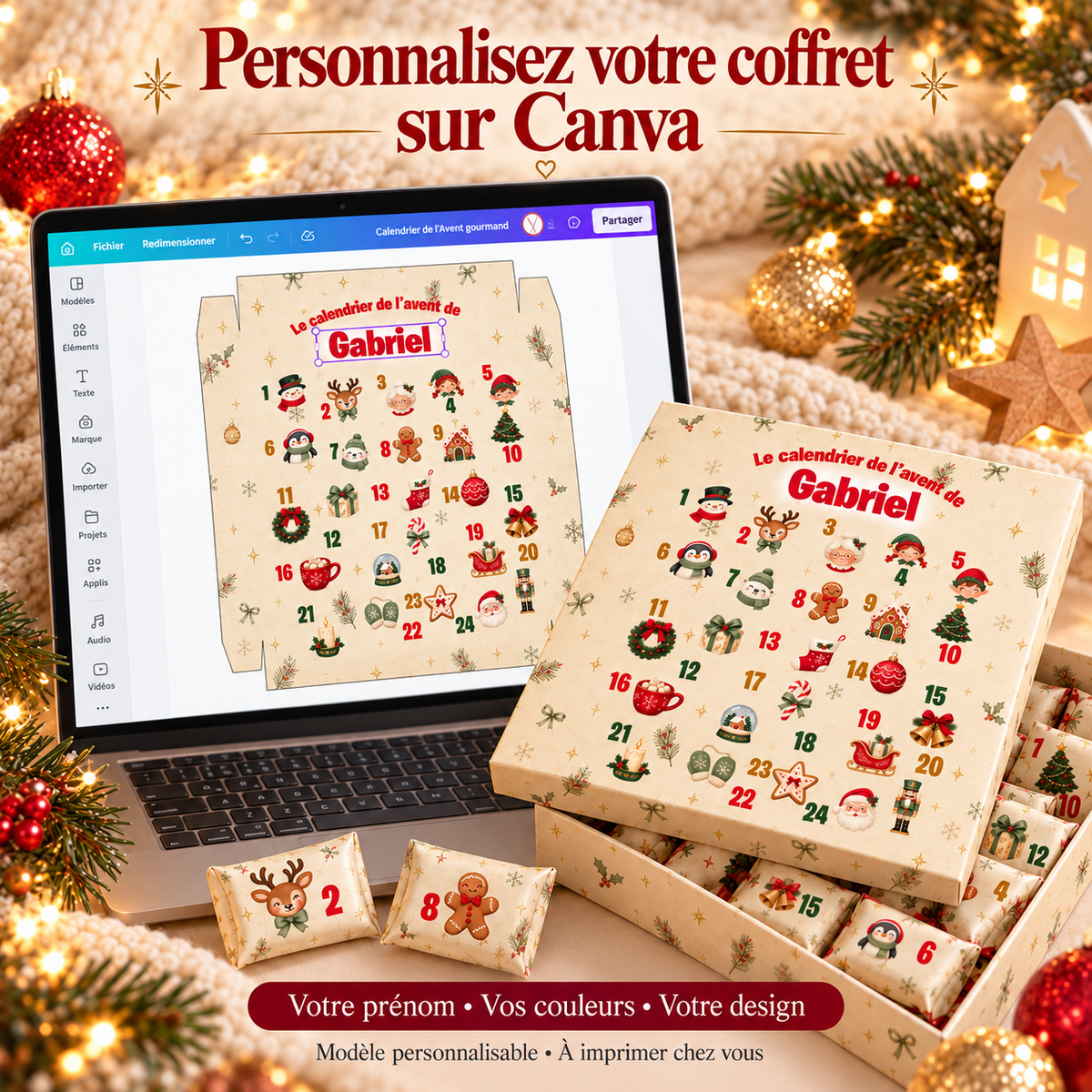 Personnalisation du coffret calendrier de l’Avent sur Canva : prénom, couleurs et visuels