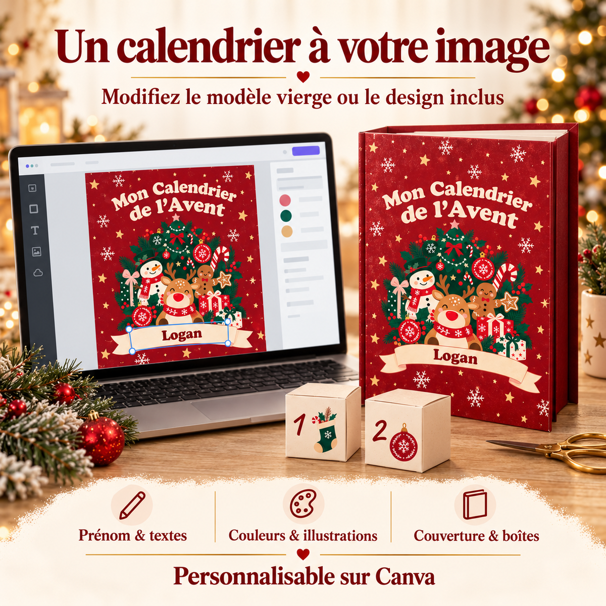 Personnalisation du prénom, des textes, couleurs, illustrations, couverture et boîtes du calendrier sur Canva