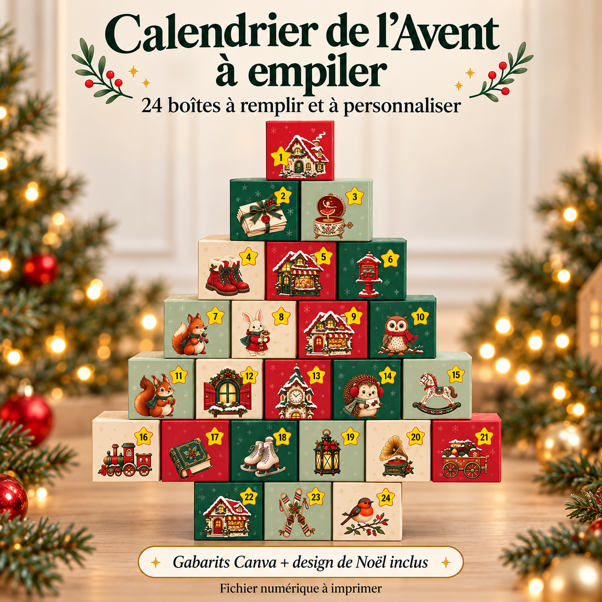 Calendrier de l’Avent en sapin composé de 24 boîtes à empiler, design Noël et gabarits vierges Canva inclus