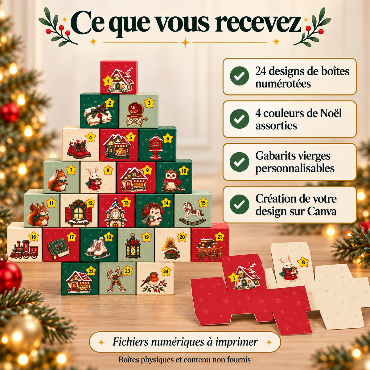 Contenu du pack numérique : 24 boîtes numérotées, design Noël en quatre couleurs et gabarits vierges personnalisables