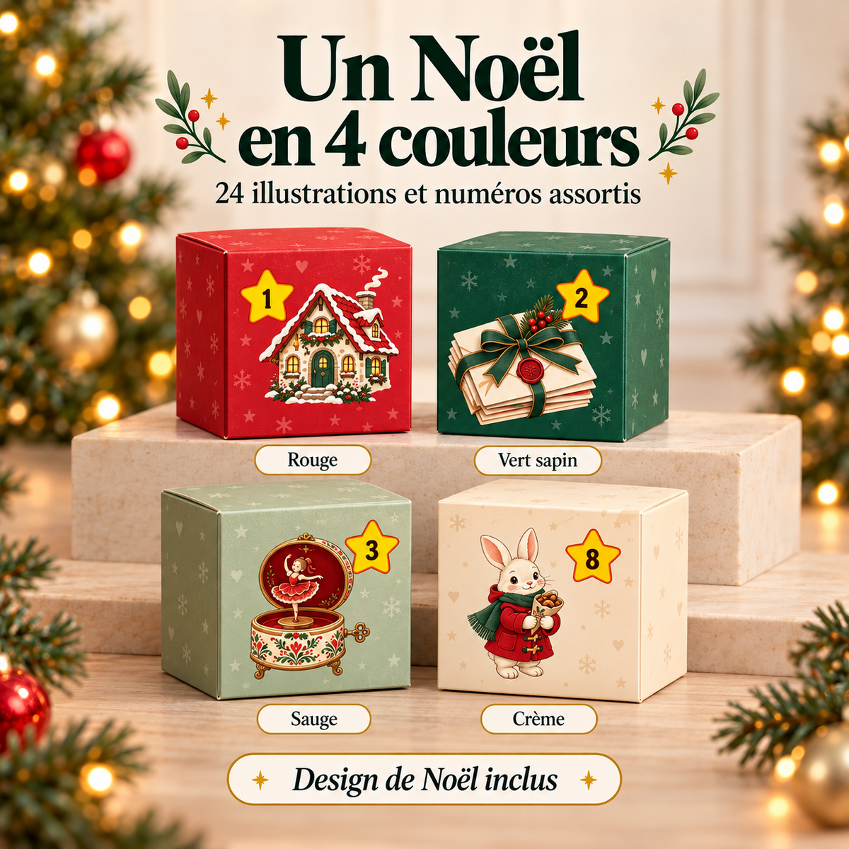 Design Noël inclus pour les boîtes : rouge, vert sapin, sauge et crème avec illustrations et numéros