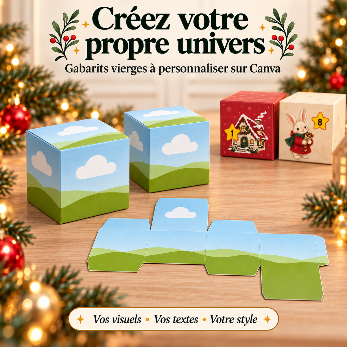 Gabarits vierges des boîtes cubes à personnaliser sur Canva avec ses propres textes, couleurs et visuels
