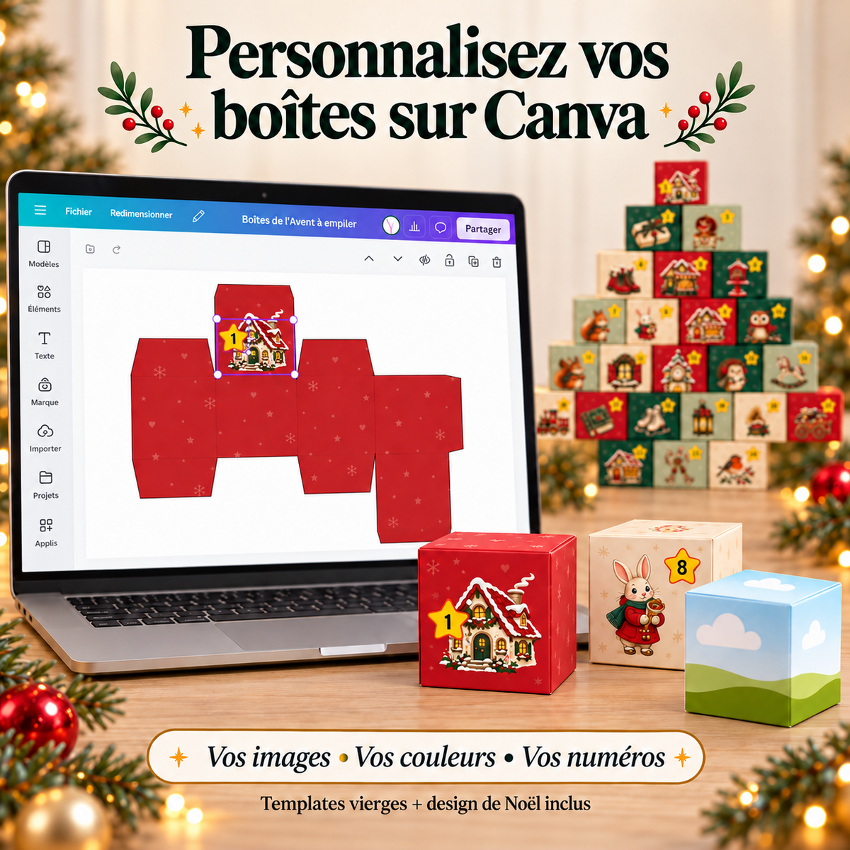 Personnalisation des boîtes du calendrier de l’Avent sur Canva : visuels, couleurs et numéros