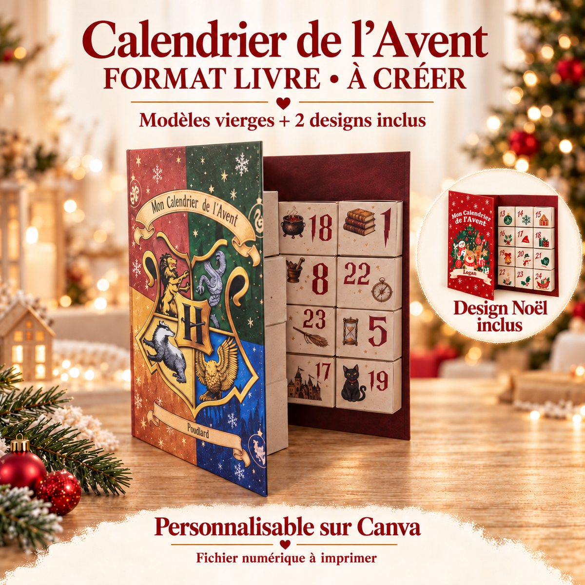 Calendrier de l’Avent Coffret Livre de Noël à Imprimer – 24 Boîtes & Modèles Canva