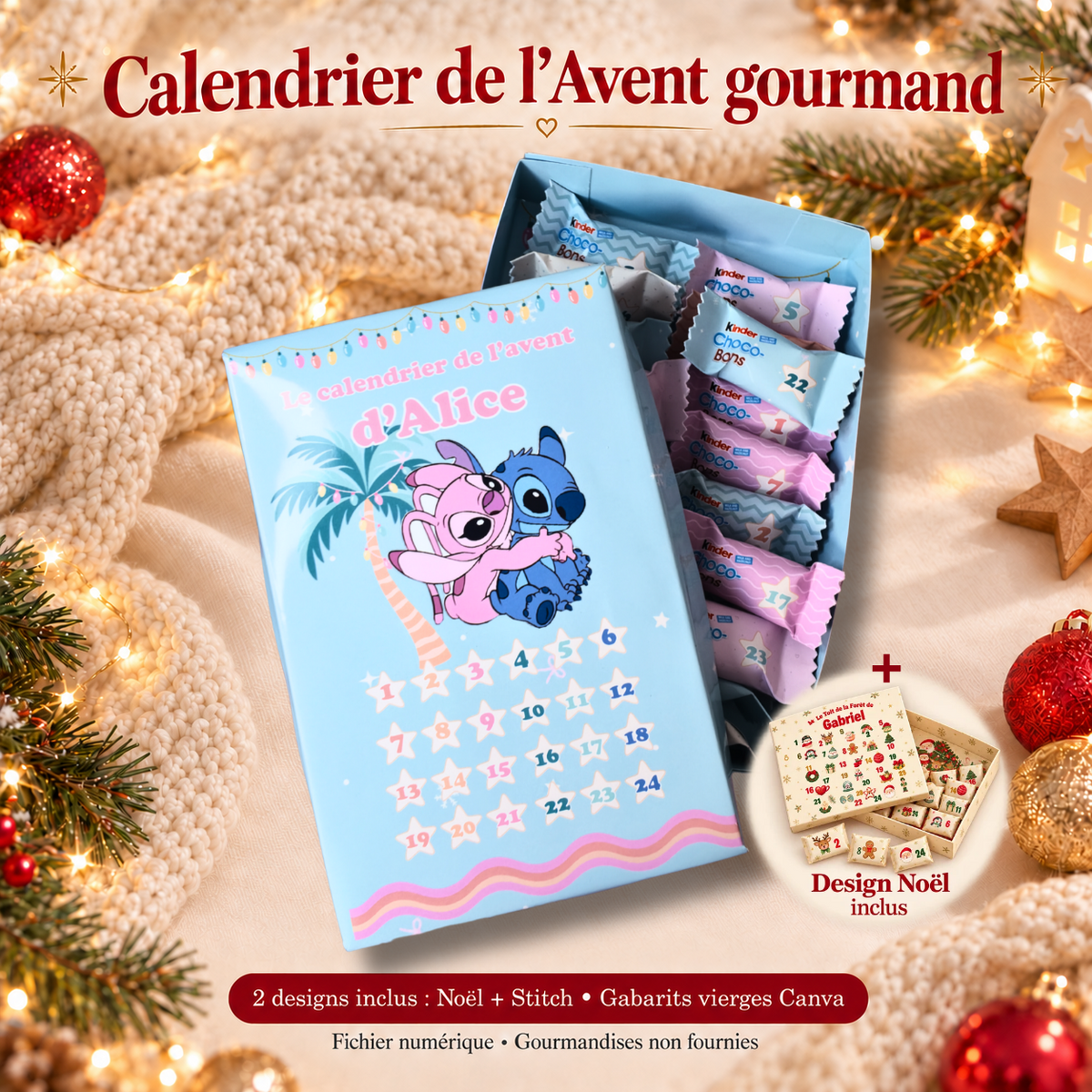 Calendario de Adviento para Imprimir – Caja y 24 Envoltorios Canva, Navidad y Stitch