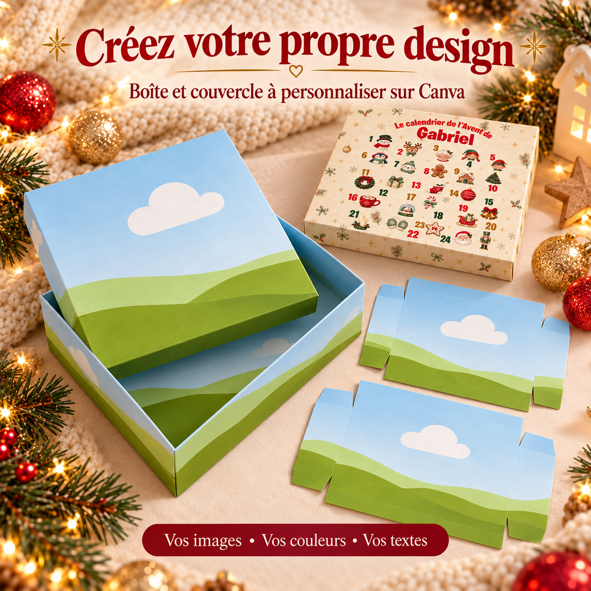 Gabarits vierges du coffret et des emballages de gourmandises à personnaliser sur Canva
