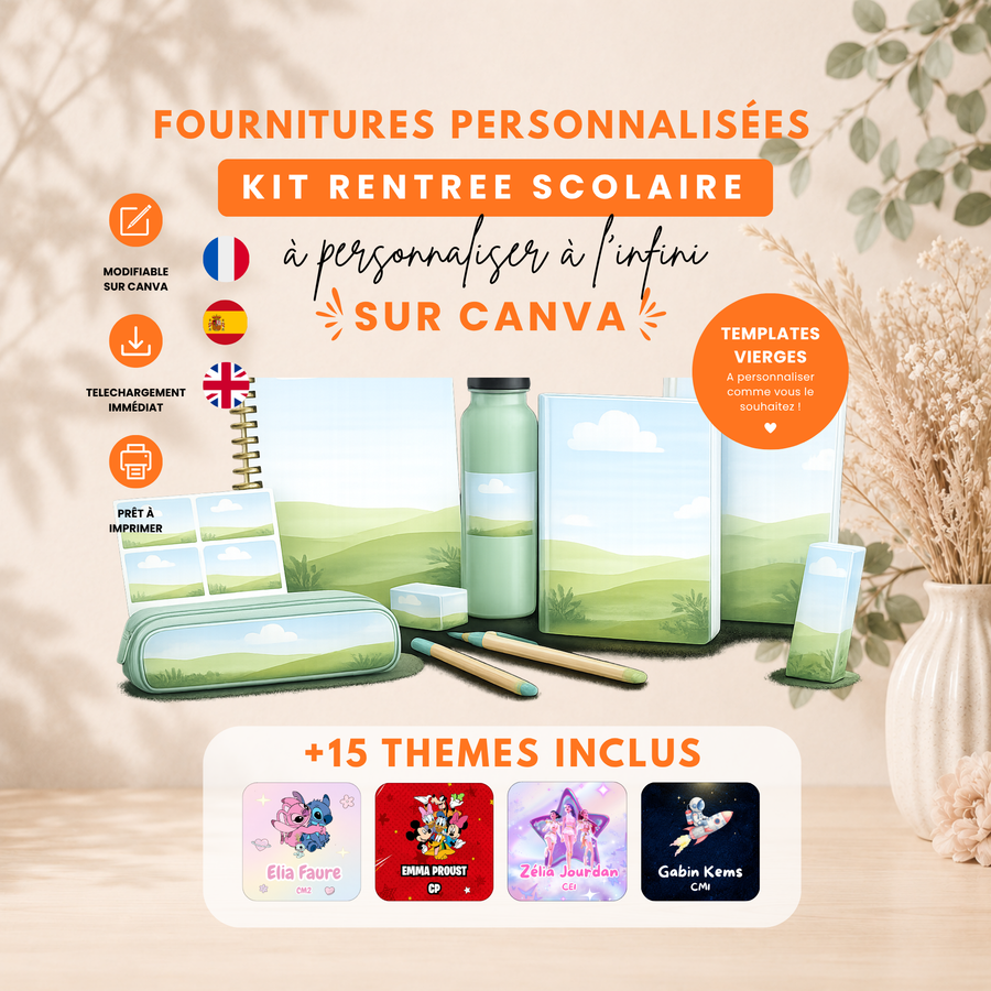 Kit rentrée scolaire Canva : étiquettes, agenda et cahier de texte personnalisables