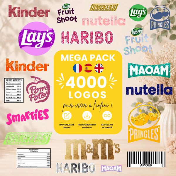 Mega pack +4 000 logos & codes barres personnalisé | PNG | Haribo, Smarties, Lay's, kinder...