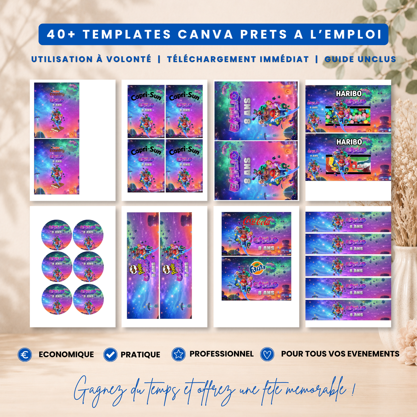Pack Anniversaire Mario Galaxy – 40 Templates Canva Personnalisables