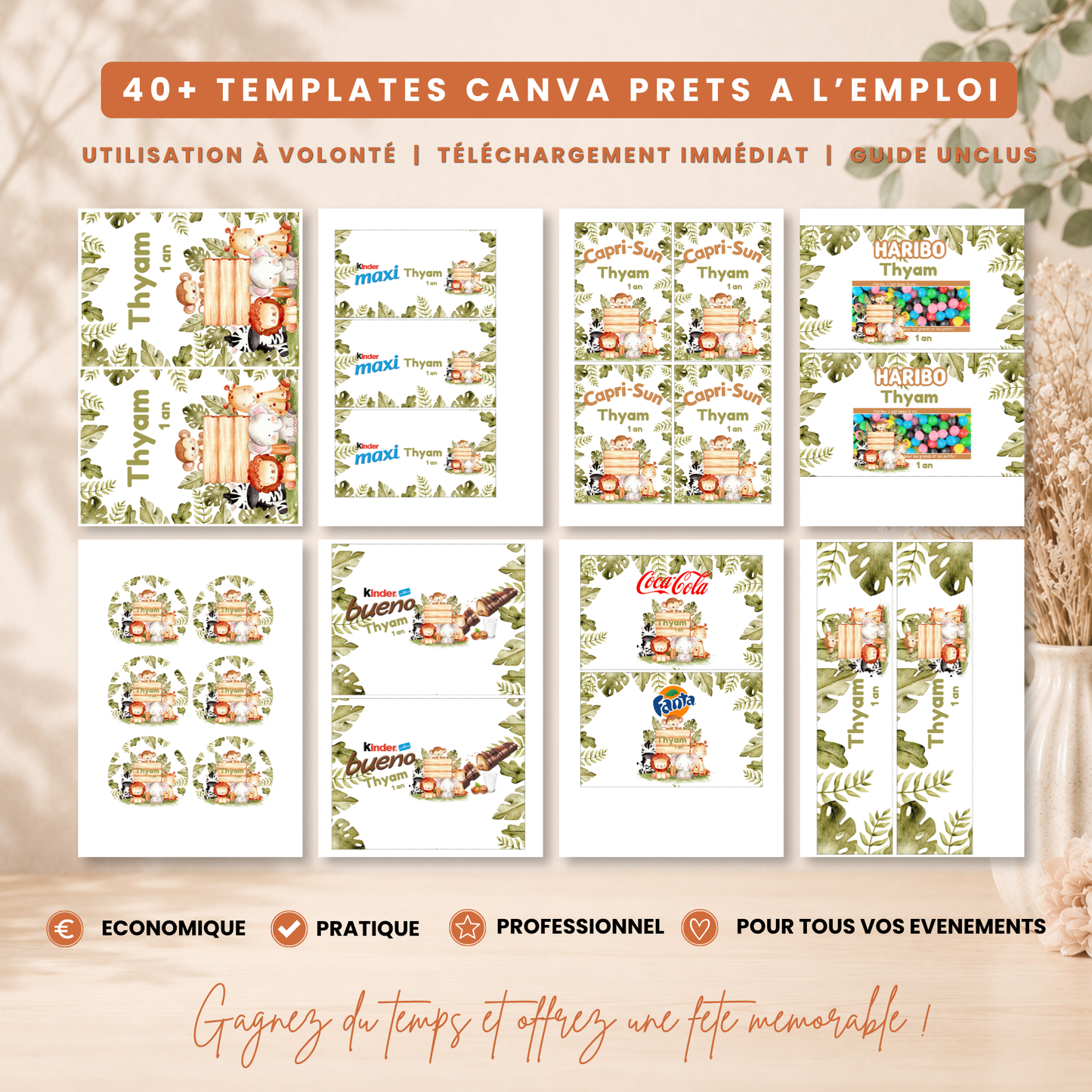 Pack Anniversaire Safari Jungle – 40 Templates Canva Personnalisables