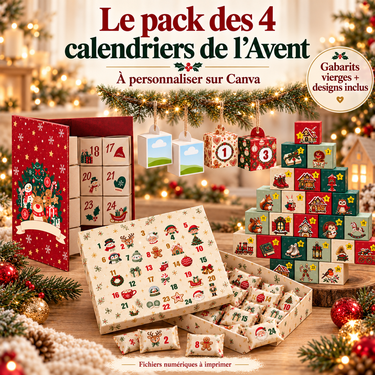 Pack de quatre calendriers de l’Avent à personnaliser sur Canva : livre, boîtes suspendues, coffret gourmand et sapin