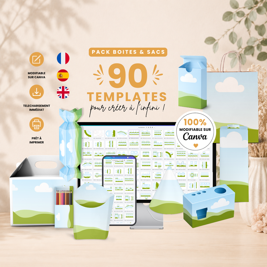 Pack 90 Templates Canva Sacs & Boîtes Cadeaux – Templates Vierges Personnalisables