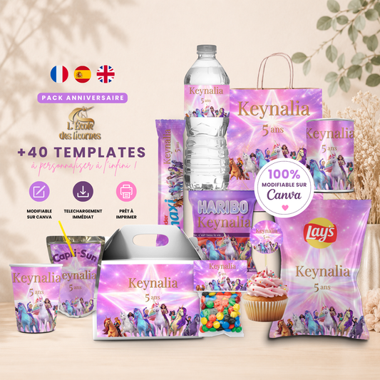 Pack Anniversaire École des Licornes – 40 Templates Canva Personnalisables