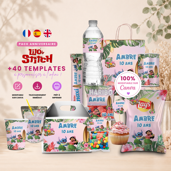 Pack Anniversaire Lilo & Stitch Hawaii - 40 Templates Canva Personnalisables