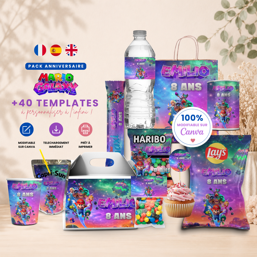 Pack Anniversaire Mario Galaxy – 40 Templates Canva Personnalisables