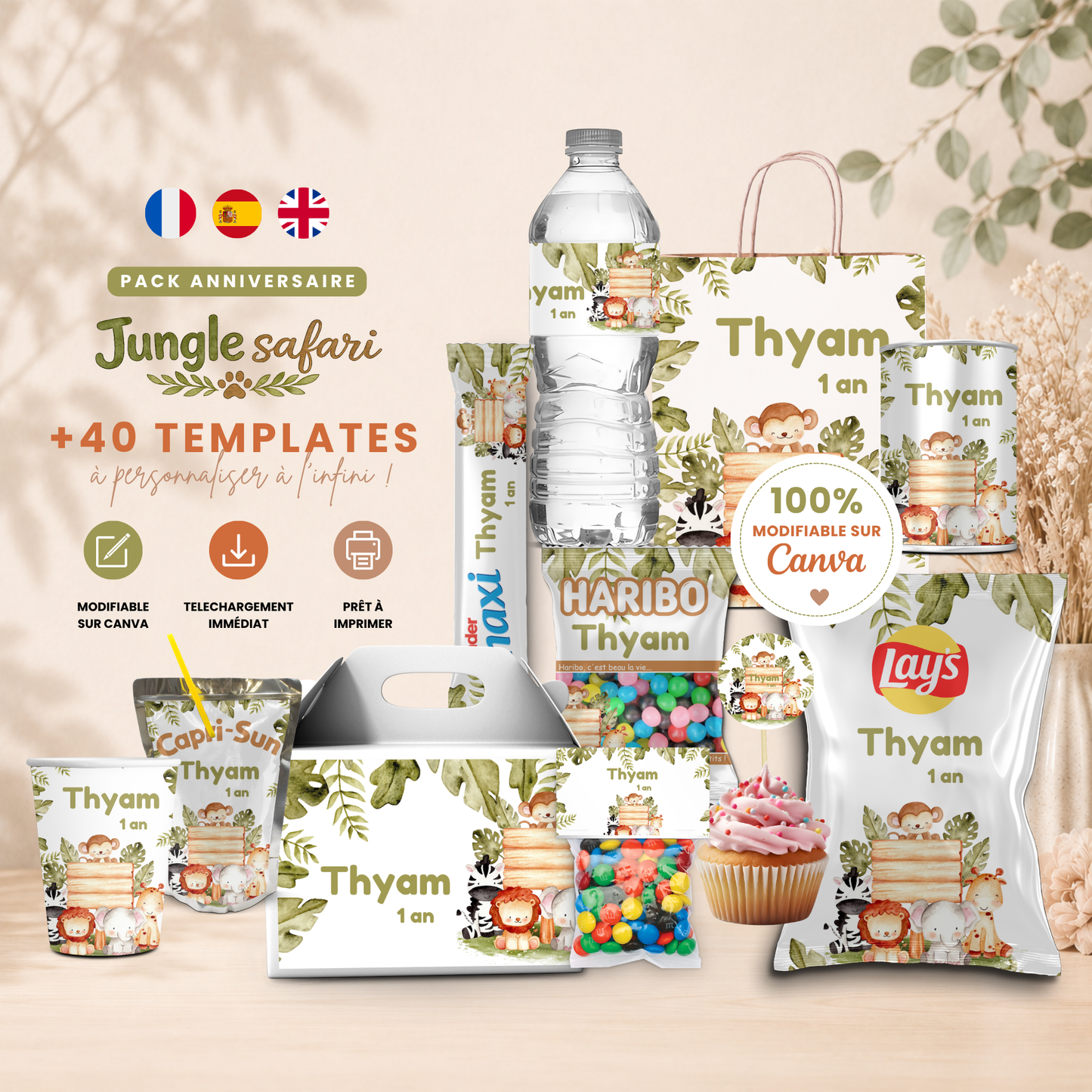 Pack Anniversaire Safari Jungle – 40 Templates Canva Personnalisables