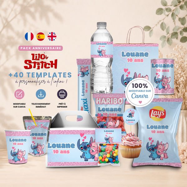 Pack Anniversaire Stitch & Angel - 40 Templates Canva Personnalisables