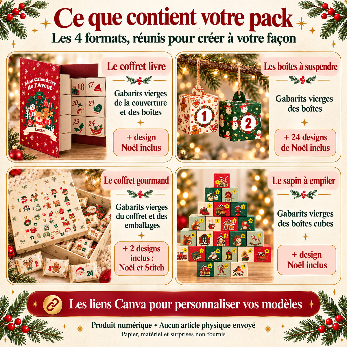 Contenu du pack : quatre formats, modèles vierges, designs Noël et deuxième design Stitch pour le coffret gourmand