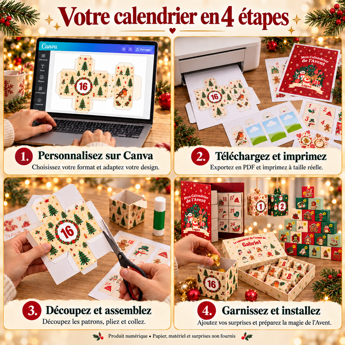 Étapes de fabrication : personnaliser sur Canva, imprimer, découper et assembler, puis garnir les calendriers