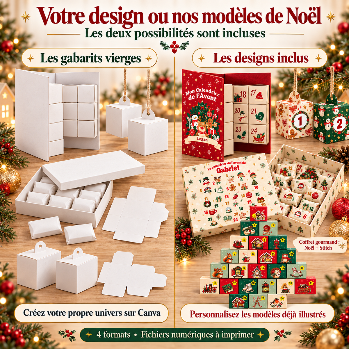 Gabarits vierges et designs de Noël inclus pour créer quatre types de calendriers de l’Avent