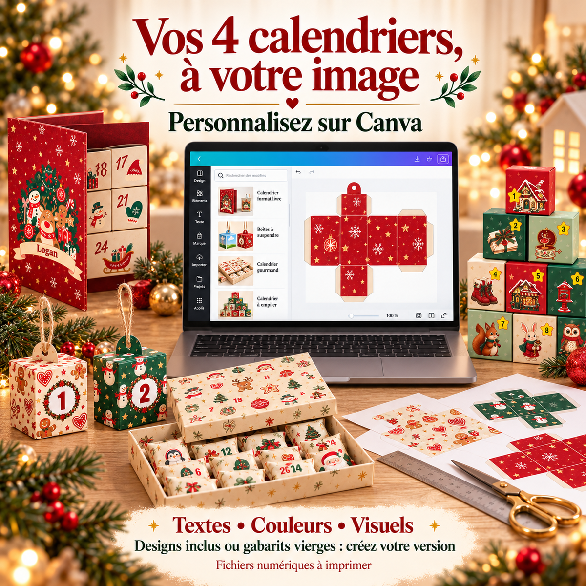 Personnalisation des quatre calendriers de l’Avent sur Canva avec textes, couleurs et visuels