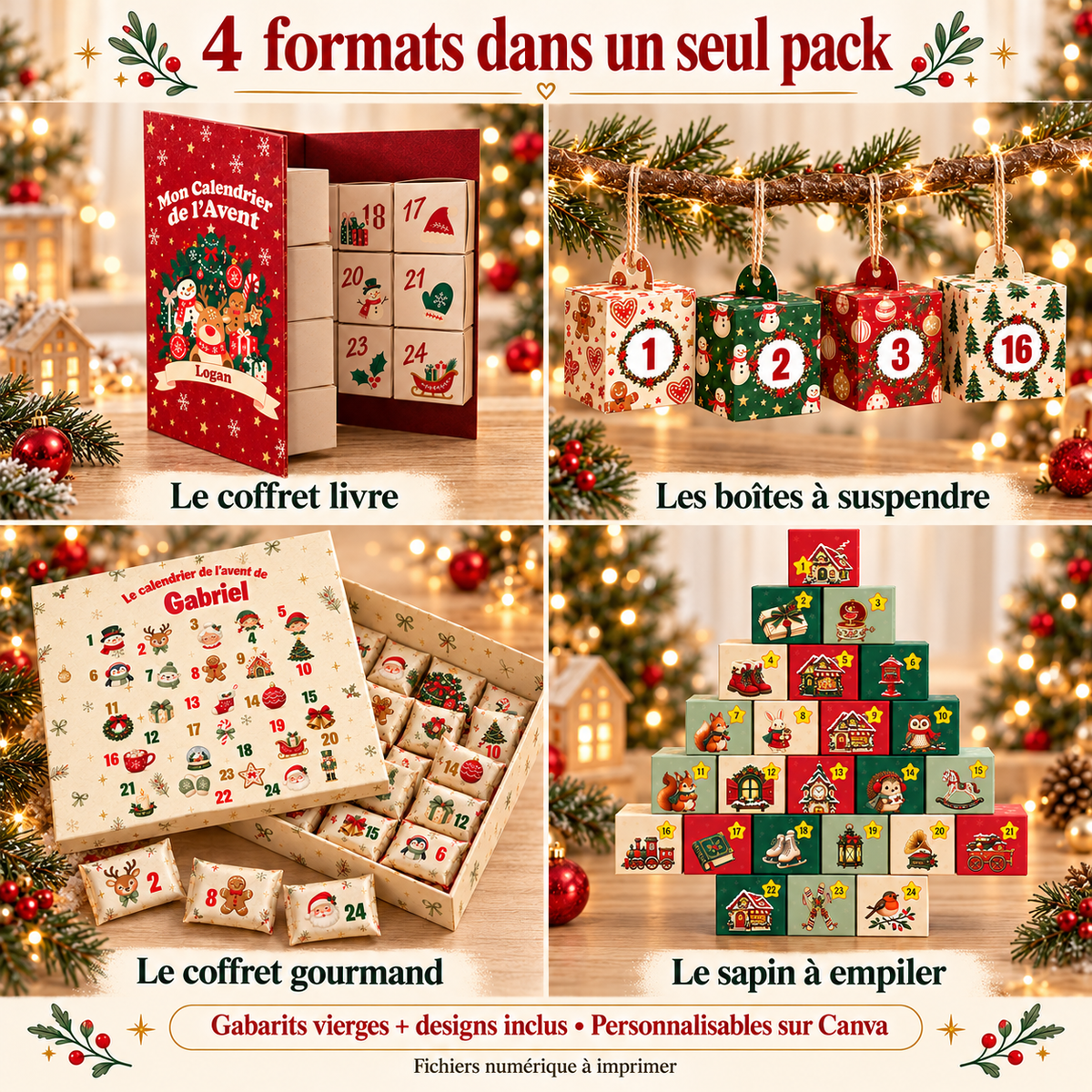 Les quatre formats du pack : coffret livre, boîtes à suspendre, coffret gourmand et boîtes à empiler en sapin