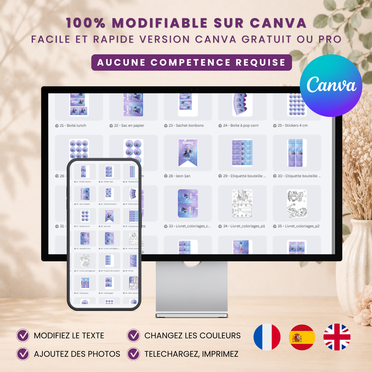 Pack Anniversaire Reine des neiges – 40 Templates Canva Personnalisables