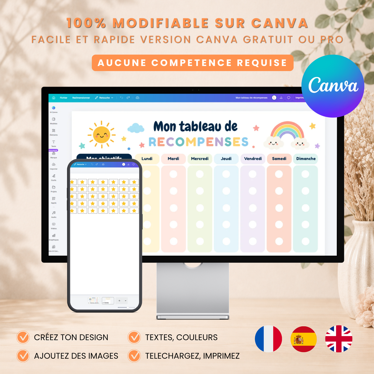 Tableau de récompenses enfant à personnaliser sur Canva et à imprimer
