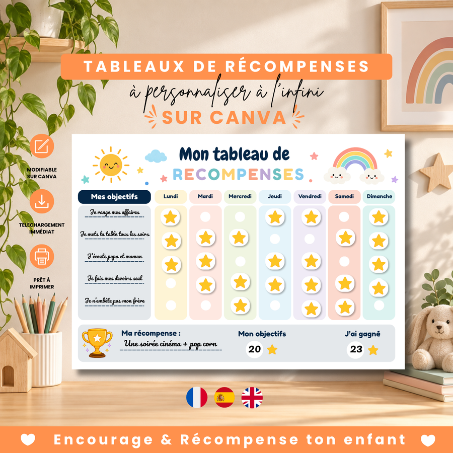 Tableau de récompenses enfant à personnaliser sur Canva et à imprimer